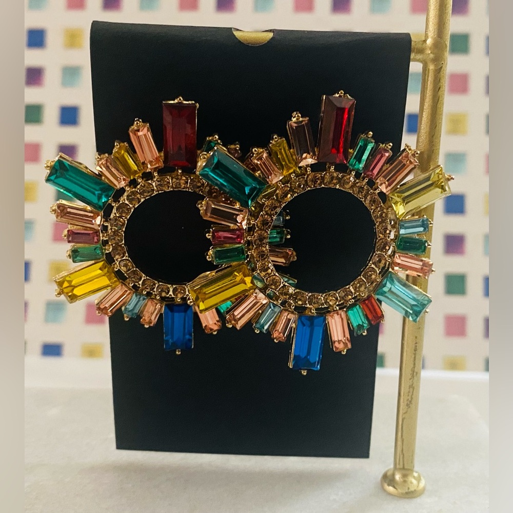 Multicolor Crystal Statement Earrings - Gold Tone